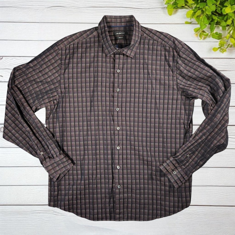 Bugatchi Uomo Mens XL Brown Blue Check Classic Fit Button Up Shirt Long Sleeve
